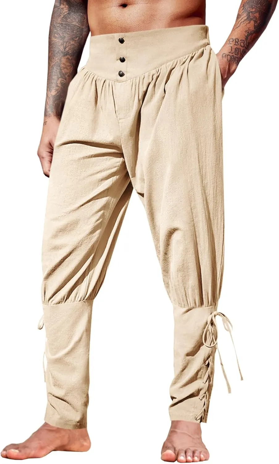 Runcati Mens Medieval Ankle Pants Renaissance Viking Pirate Lace Up Tapered Halloween Linen Costume Trousers