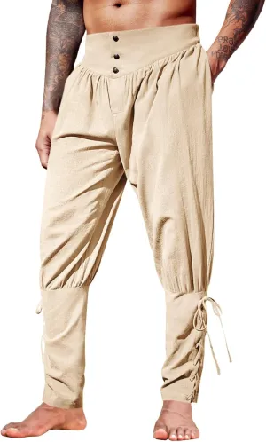 Runcati Mens Medieval Ankle Pants Renaissance Viking Pirate Lace Up Tapered Halloween Linen Costume Trousers