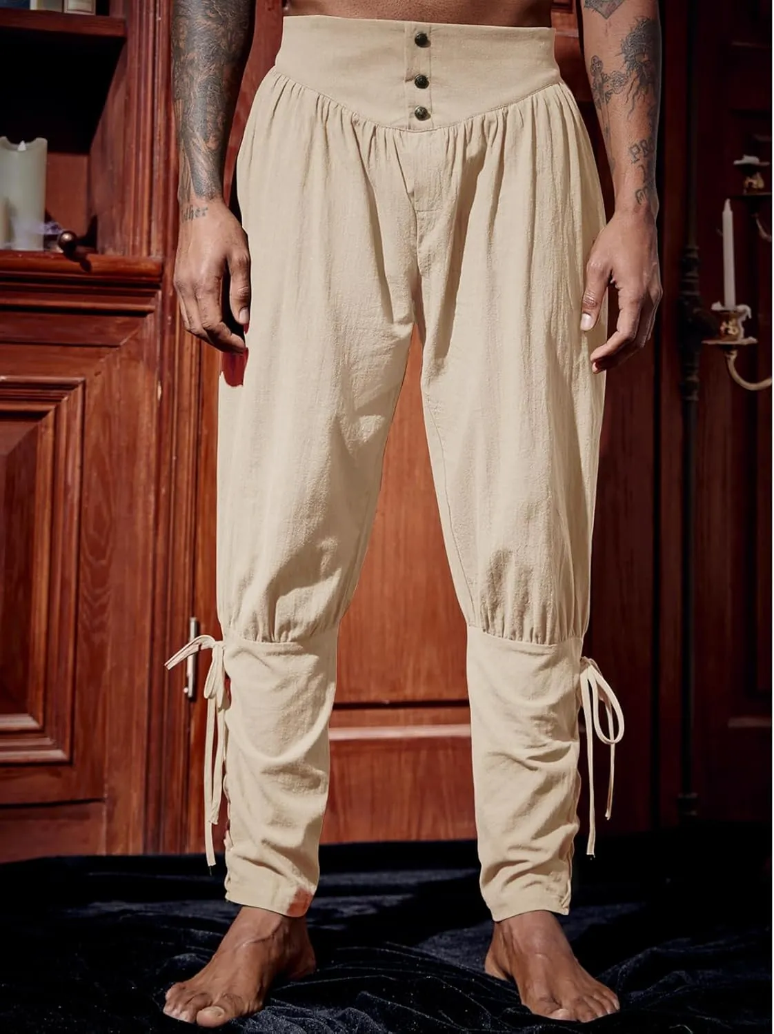 Runcati Mens Medieval Ankle Pants Renaissance Viking Pirate Lace Up Tapered Halloween Linen Costume Trousers
