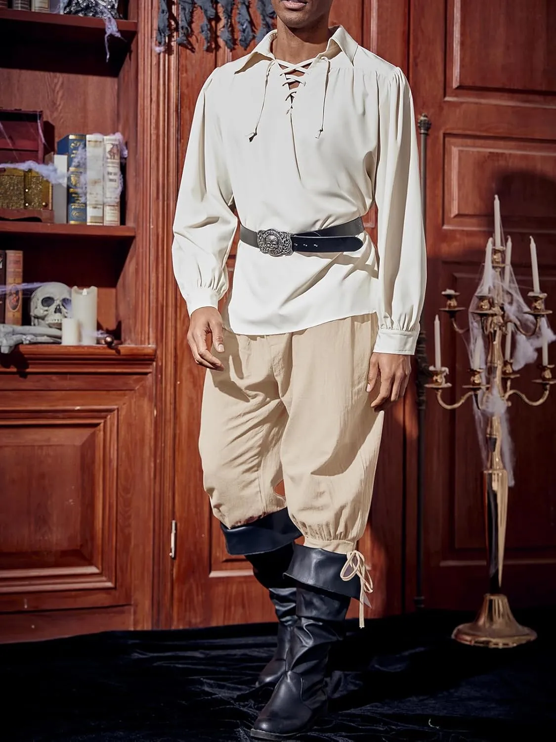 Runcati Mens Medieval Ankle Pants Renaissance Viking Pirate Lace Up Tapered Halloween Linen Costume Trousers