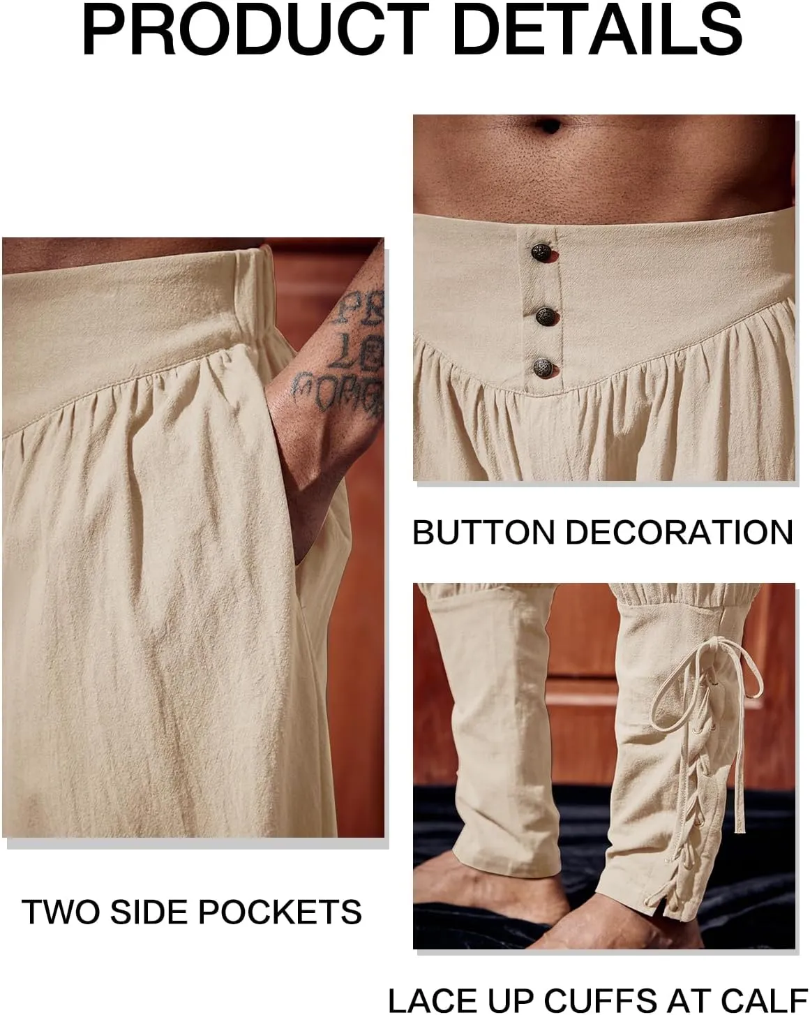 Runcati Mens Medieval Ankle Pants Renaissance Viking Pirate Lace Up Tapered Halloween Linen Costume Trousers