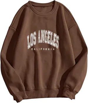 SAFRISIOR Women Oversized Los Angeles California Letter Print Graphic Fleece Sweatshirt Crewneck Long Sleeve Pullover Top