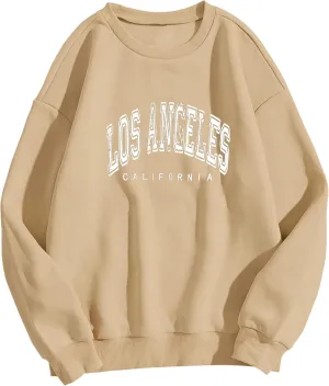 SAFRISIOR Women Oversized Los Angeles California Letter Print Graphic Fleece Sweatshirt Crewneck Long Sleeve Pullover Top