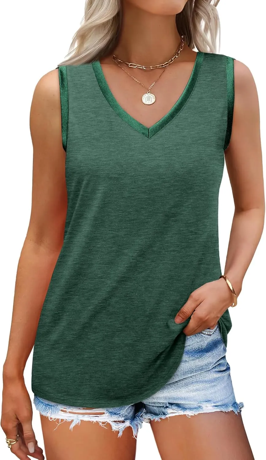 SAMPEEL Tank Tops for Women Summer Trendy V Neck Tops Shiny Trim Loose Fit Casual Sleeveless Shirts Fashion 2025