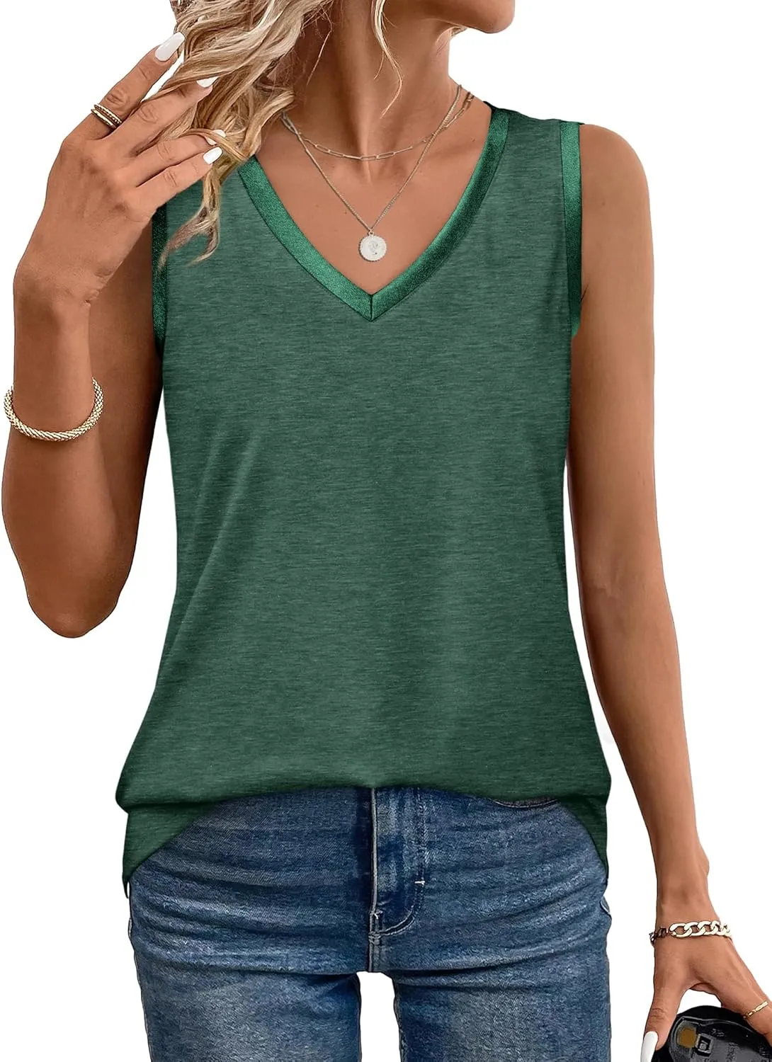 SAMPEEL Tank Tops for Women Summer Trendy V Neck Tops Shiny Trim Loose Fit Casual Sleeveless Shirts Fashion 2025