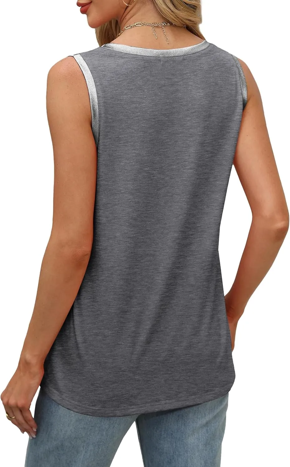 SAMPEEL Tank Tops for Women Summer Trendy V Neck Tops Shiny Trim Loose Fit Casual Sleeveless Shirts Fashion 2025