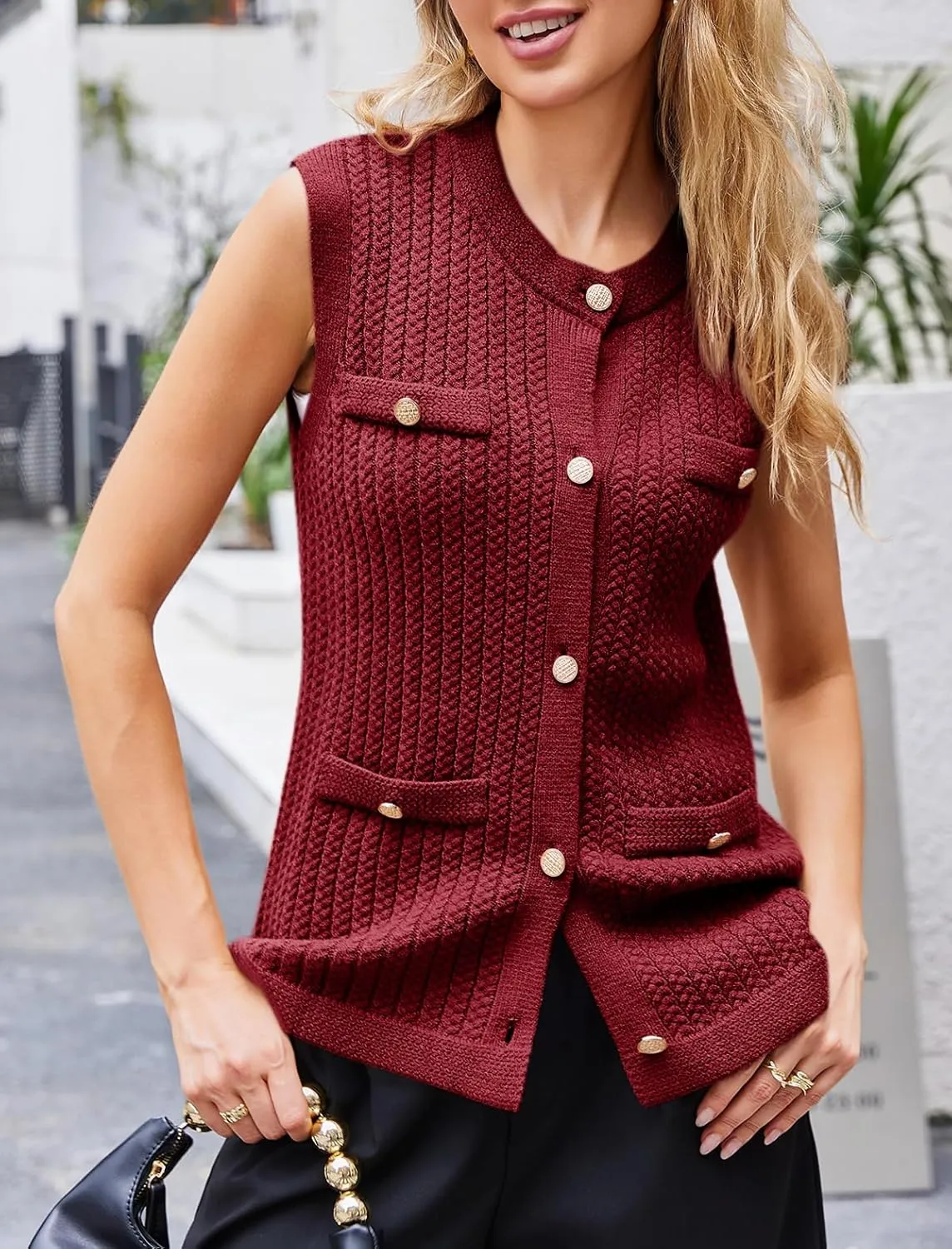 Saodimallsu Womens Sleeveless Sweater Vest Button Up Cable Knit Crew Neck Trendy Casual Loose Summer Cardigan