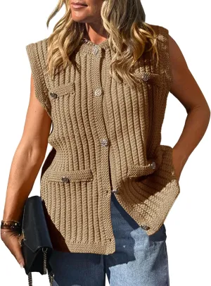 Saodimallsu Womens Sleeveless Sweater Vest Button Up Cable Knit Crew Neck Trendy Casual Loose Summer Cardigan