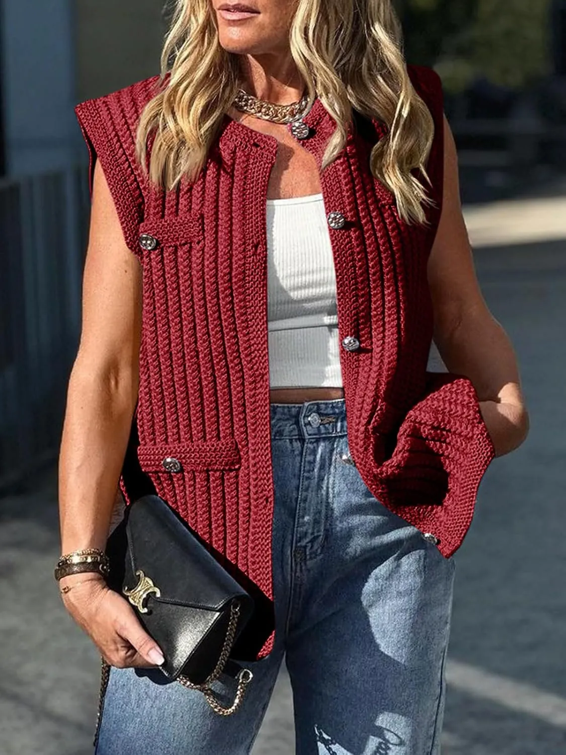 Saodimallsu Womens Sleeveless Sweater Vest Button Up Cable Knit Crew Neck Trendy Casual Loose Summer Cardigan