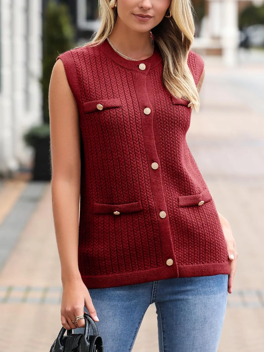 Saodimallsu Womens Sleeveless Sweater Vest Button Up Cable Knit Crew Neck Trendy Casual Loose Summer Cardigan