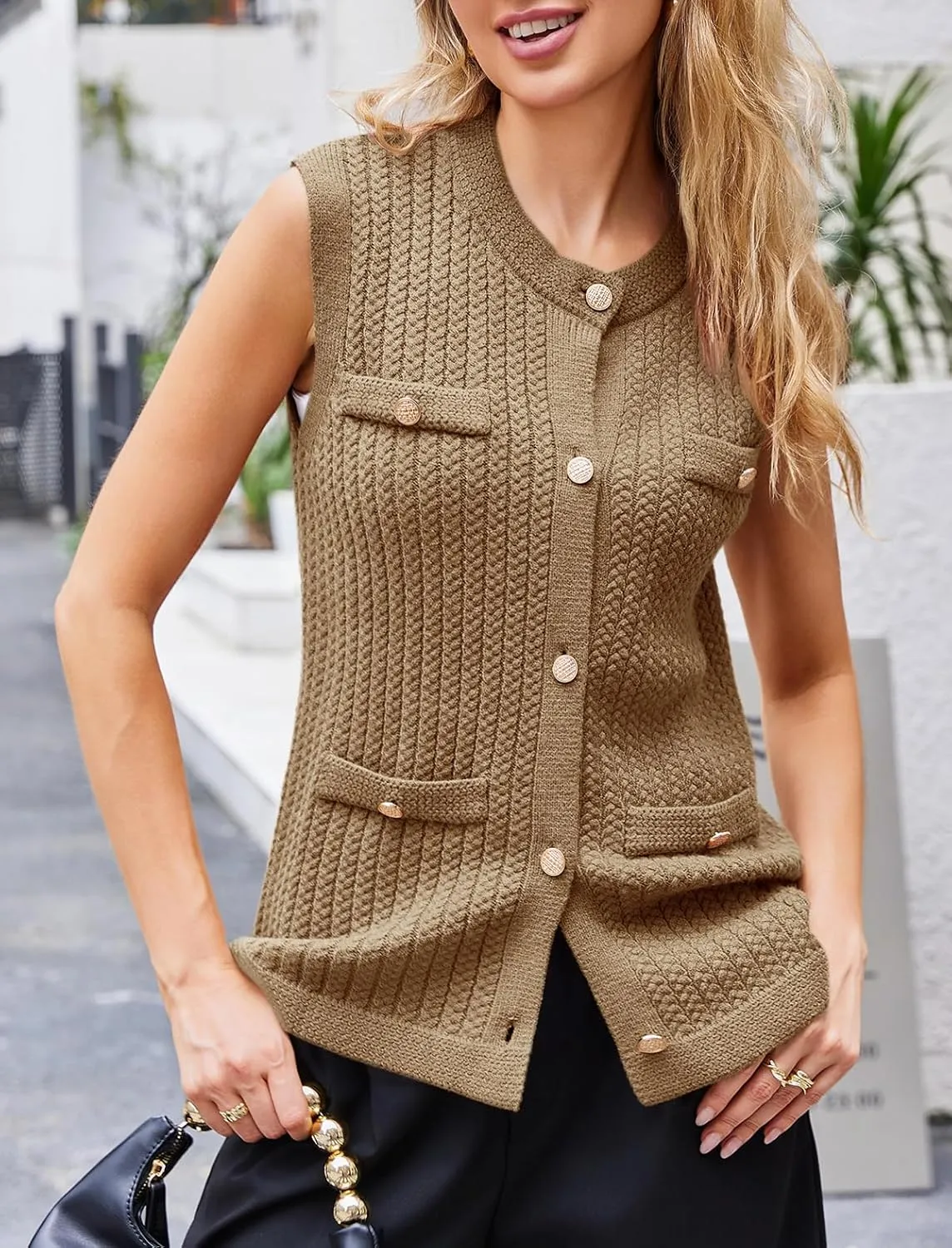 Saodimallsu Womens Sleeveless Sweater Vest Button Up Cable Knit Crew Neck Trendy Casual Loose Summer Cardigan