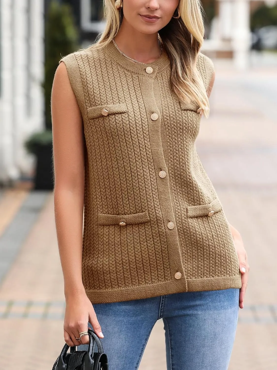 Saodimallsu Womens Sleeveless Sweater Vest Button Up Cable Knit Crew Neck Trendy Casual Loose Summer Cardigan