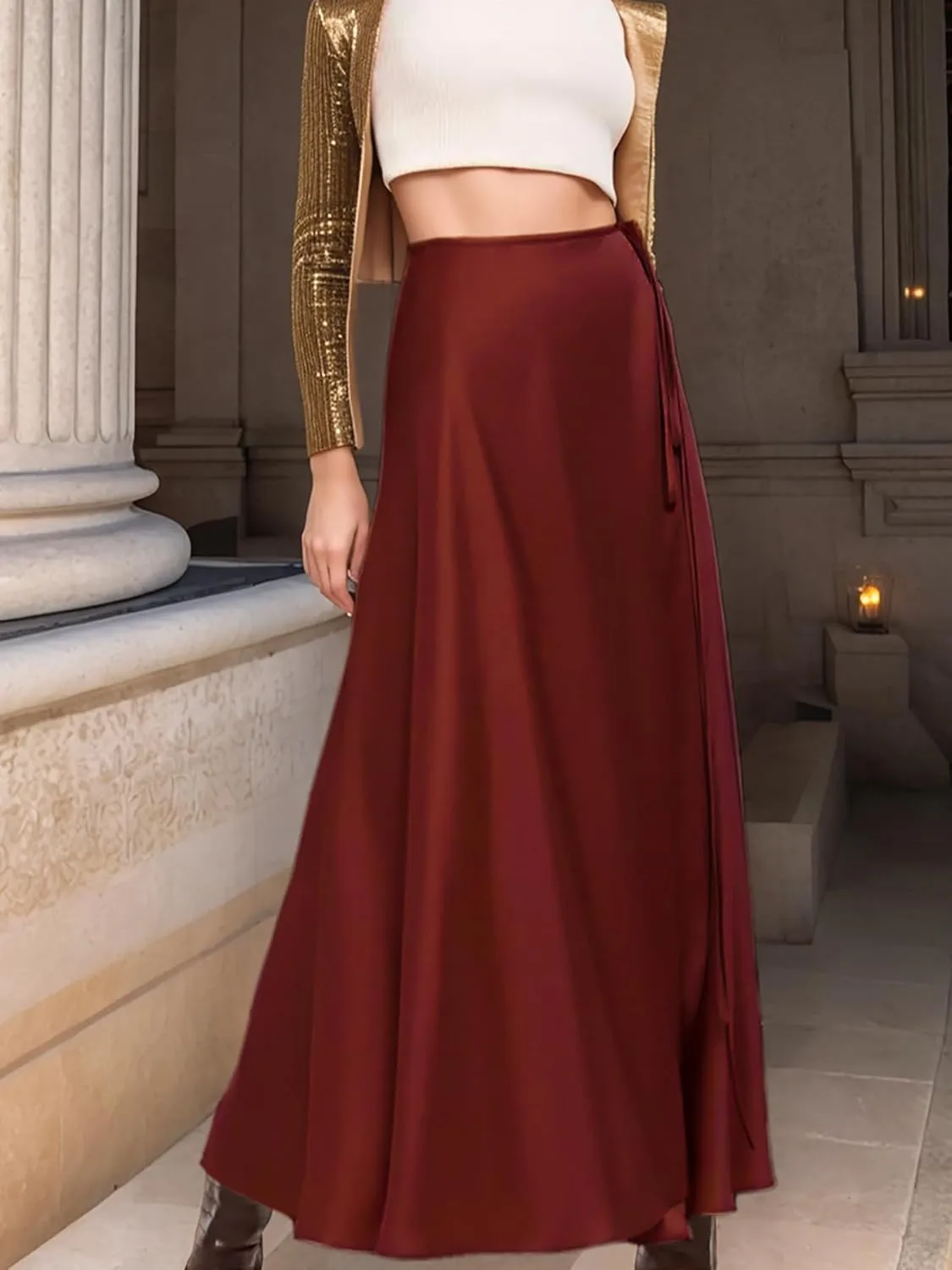 Satin Long Skirts for Women High Waisted Elegant Solid A Line Flowy Casual Silk Long Maxi Satin Skirt