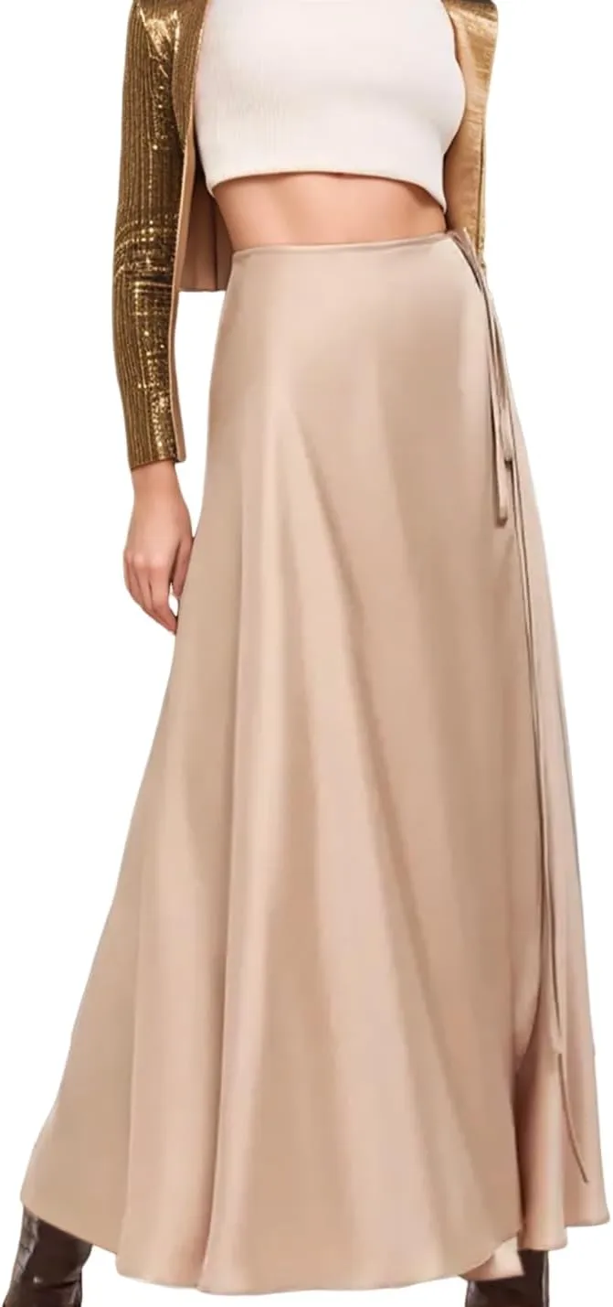 Satin Long Skirts for Women High Waisted Elegant Solid A Line Flowy Casual Silk Long Maxi Satin Skirt