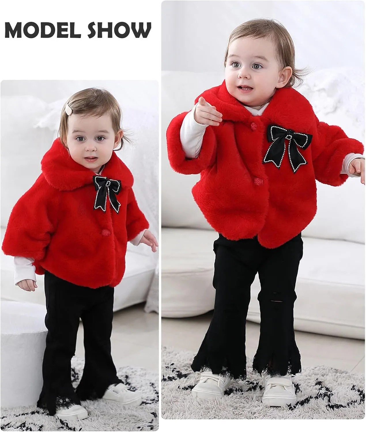 SEAUR Baby Girls Faux Fur Warm Cloak Coat Cute Winter Furry Cape Jacket Fluffy Plush Fleece Outwear with Bowknot