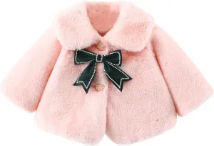 SEAUR Baby Girls Faux Fur Warm Cloak Coat Cute Winter Furry Cape Jacket Fluffy Plush Fleece Outwear with Bowknot