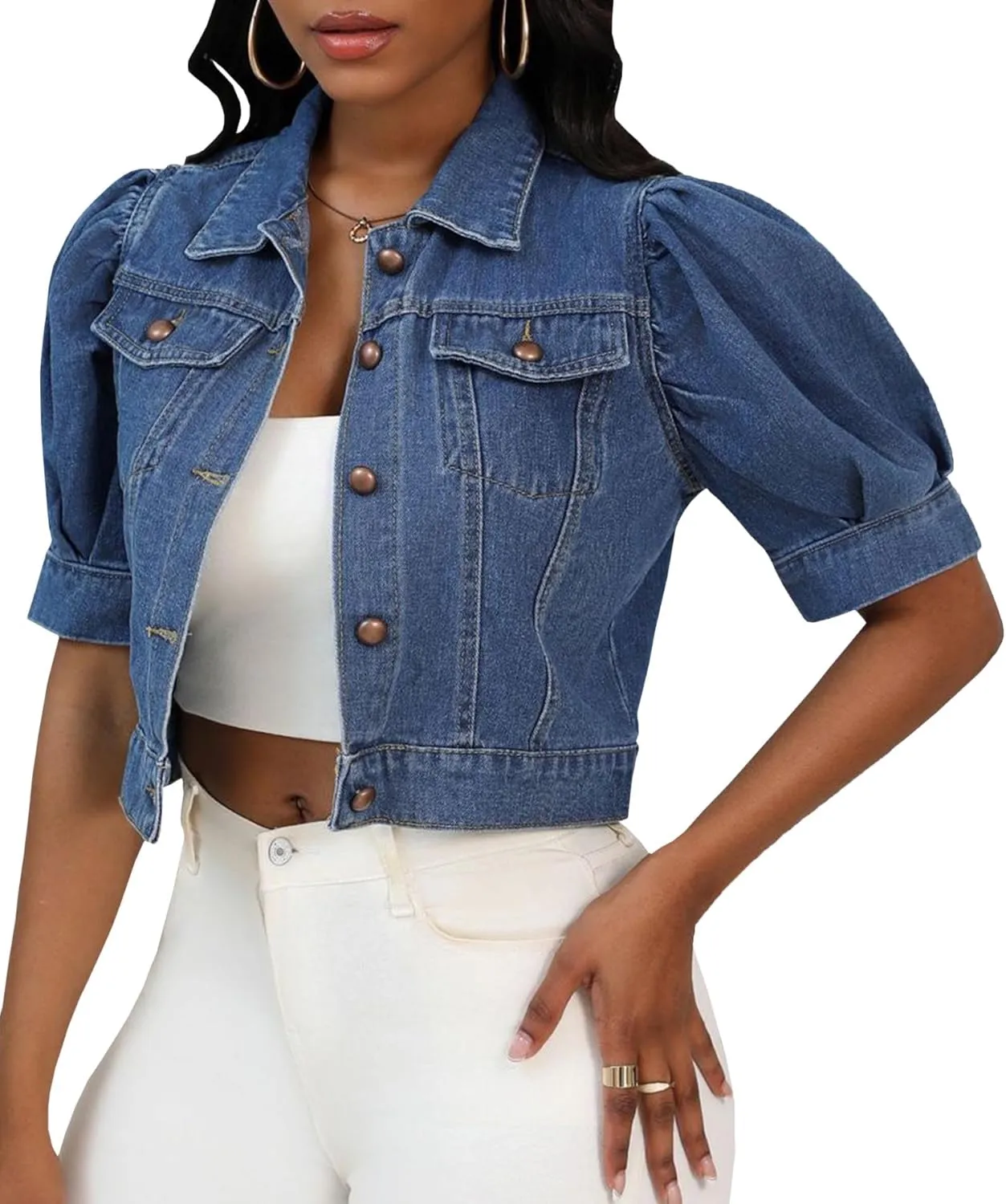 SEMATOMALA Women's Croppped Jean Jacket Puff Short Sleeve Button Down Denim Coat Crop Top Outerwear