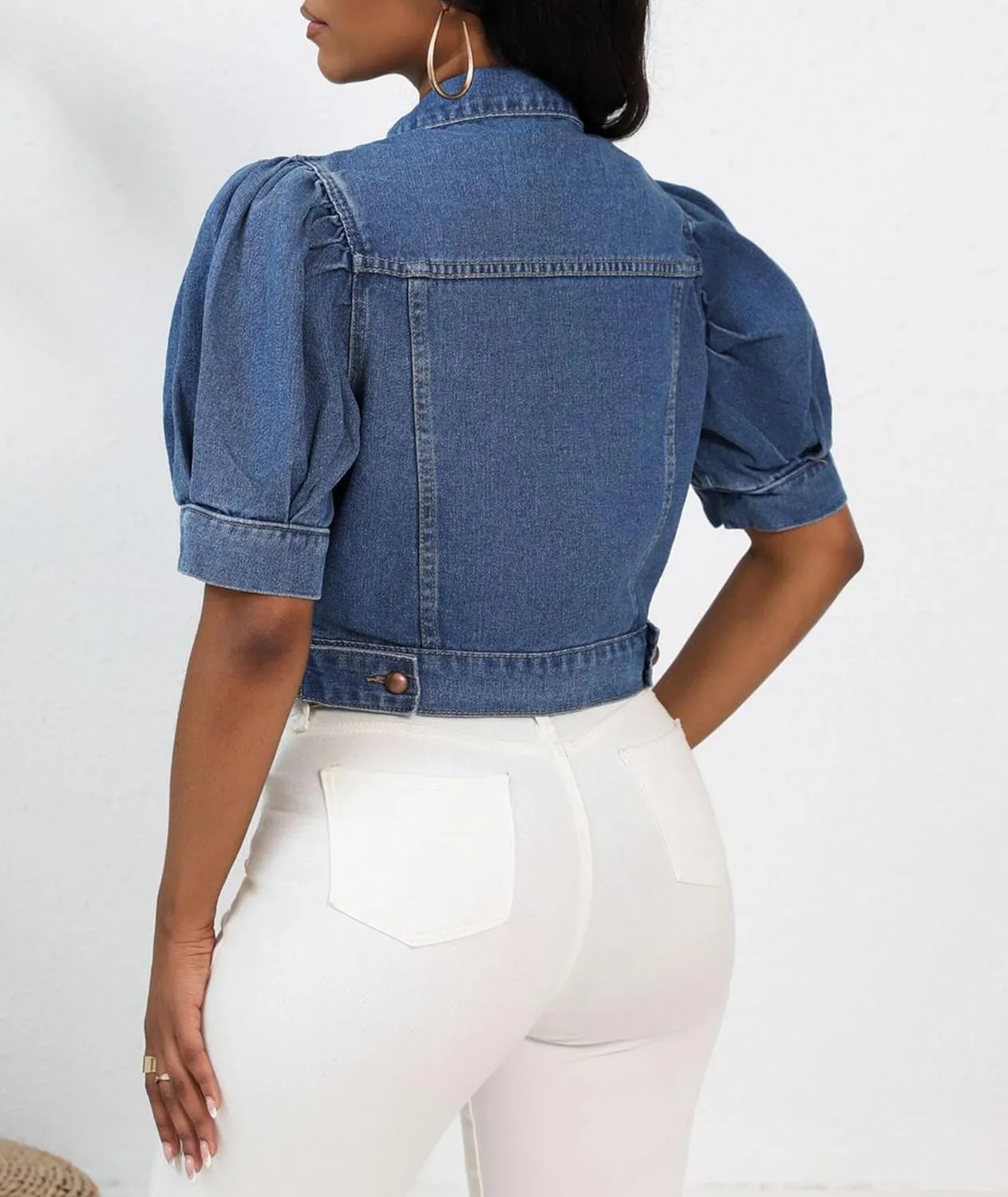SEMATOMALA Women's Croppped Jean Jacket Puff Short Sleeve Button Down Denim Coat Crop Top Outerwear