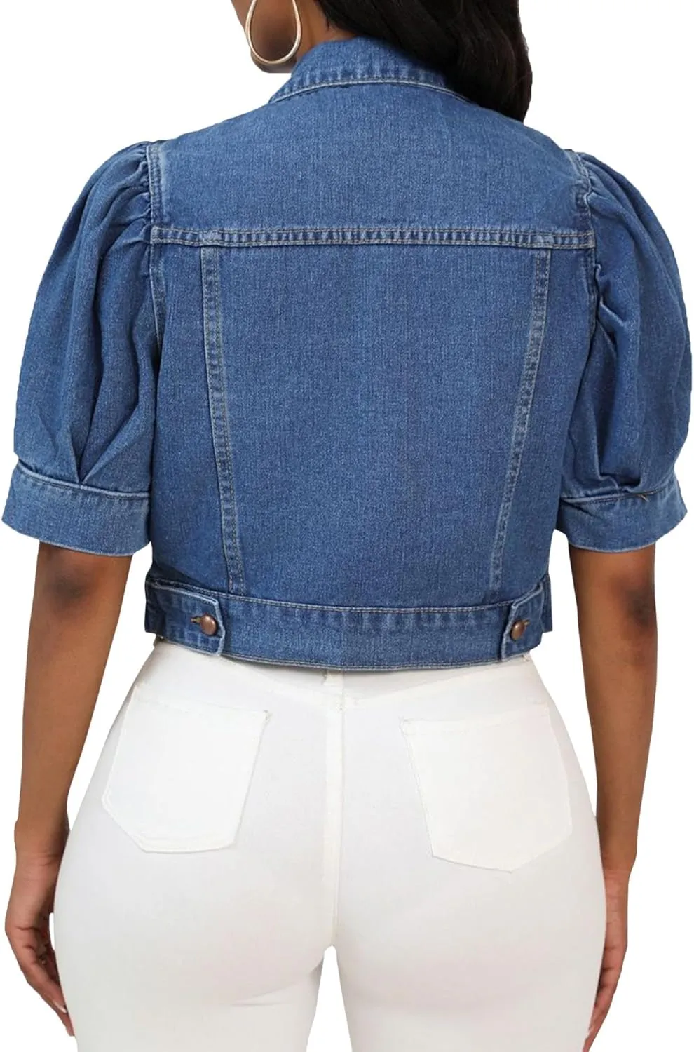 SEMATOMALA Women's Croppped Jean Jacket Puff Short Sleeve Button Down Denim Coat Crop Top Outerwear