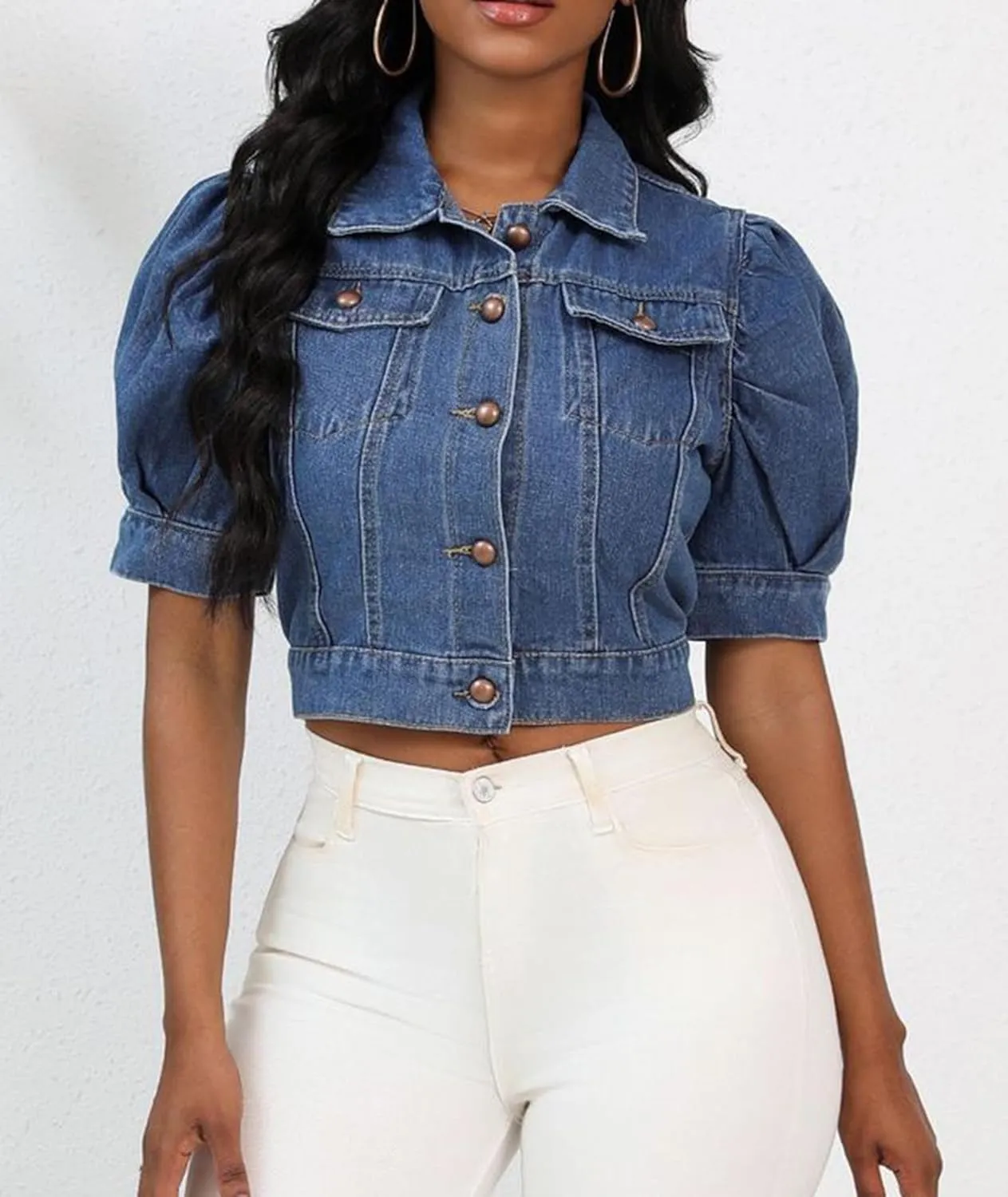 SEMATOMALA Women's Croppped Jean Jacket Puff Short Sleeve Button Down Denim Coat Crop Top Outerwear