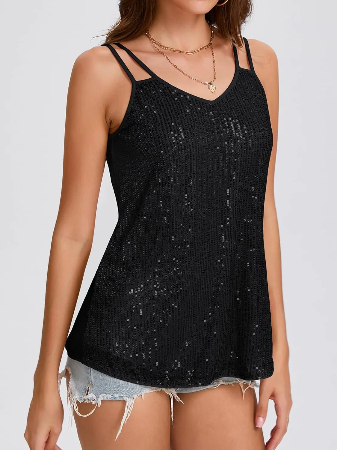 Sequin Tops for Women V Neck Dressy Tank Tops Sparkly Party Club Night Disco Concert Outfits S-XXL
