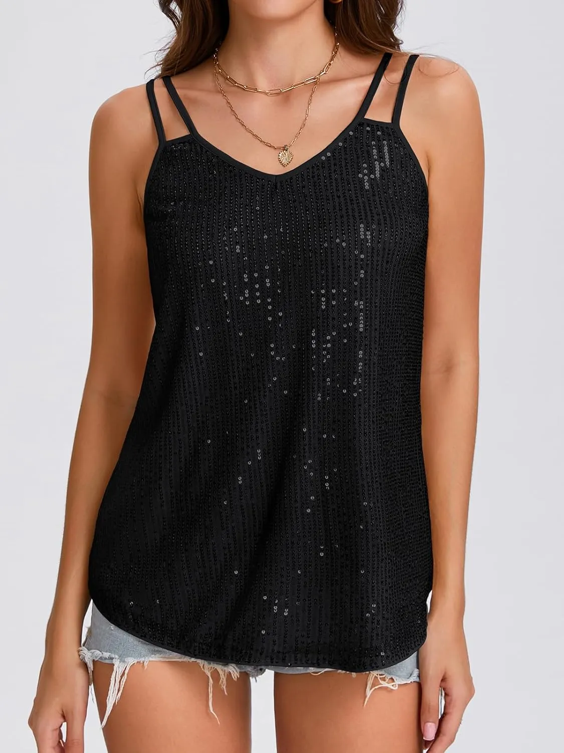 Sequin Tops for Women V Neck Dressy Tank Tops Sparkly Party Club Night Disco Concert Outfits S-XXL