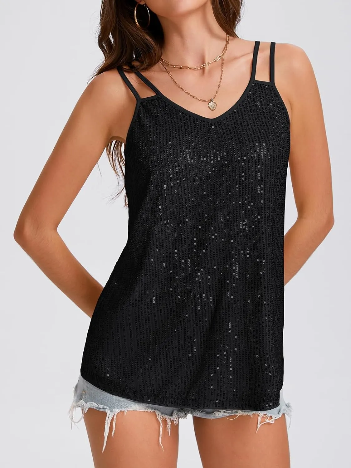 Sequin Tops for Women V Neck Dressy Tank Tops Sparkly Party Club Night Disco Concert Outfits S-XXL