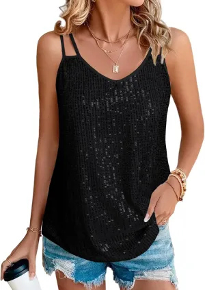 Sequin Tops for Women V Neck Dressy Tank Tops Sparkly Party Club Night Disco Concert Outfits S-XXL