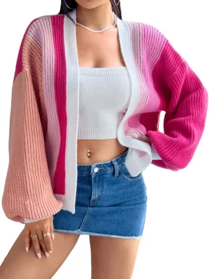 SHENHE Women's Color Block Open Front Long Sleeve Ribbed Knit Cropped Cardigan Sweaters