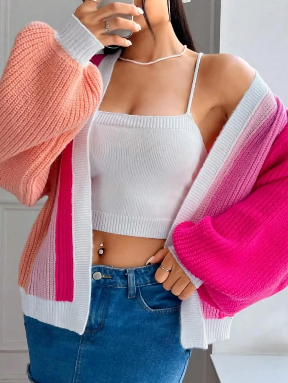 SHENHE Women's Color Block Open Front Long Sleeve Ribbed Knit Cropped Cardigan Sweaters
