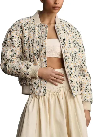 Shiyifa Women's Embroidered Daisy Cropped Bomber Jacket Long Sleeve Zipper Down Cotton Padded Coat Outerwear(Apricot,01L)