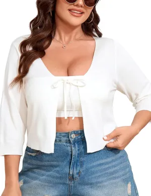 ShopWonder Women's V-Neck Tie Front Shrug 3/4 Sleeve Rib-Knit Cardigan Sweater Crop Top