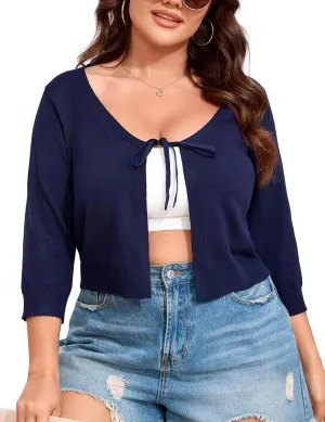 ShopWonder Women's V-Neck Tie Front Shrug 3/4 Sleeve Rib-Knit Cardigan Sweater Crop Top