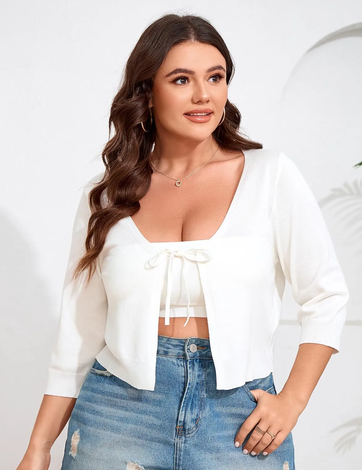 ShopWonder Women's V-Neck Tie Front Shrug 3/4 Sleeve Rib-Knit Cardigan Sweater Crop Top