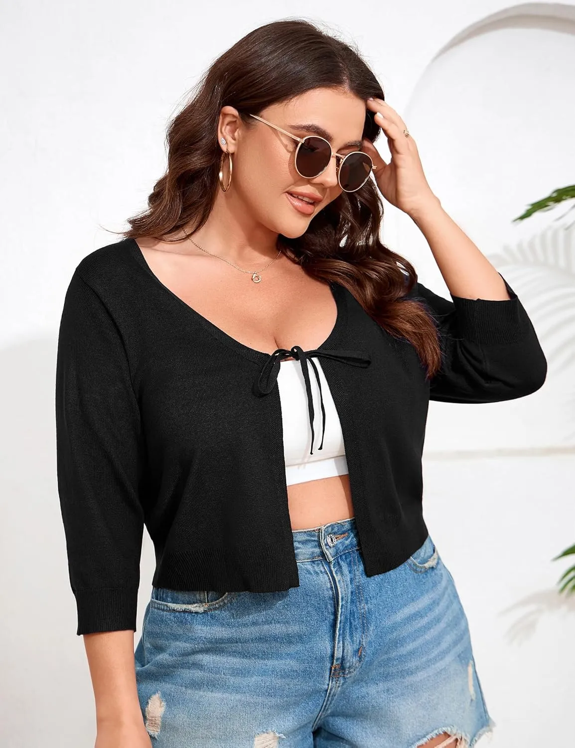 ShopWonder Women's V-Neck Tie Front Shrug 3/4 Sleeve Rib-Knit Cardigan Sweater Crop Top