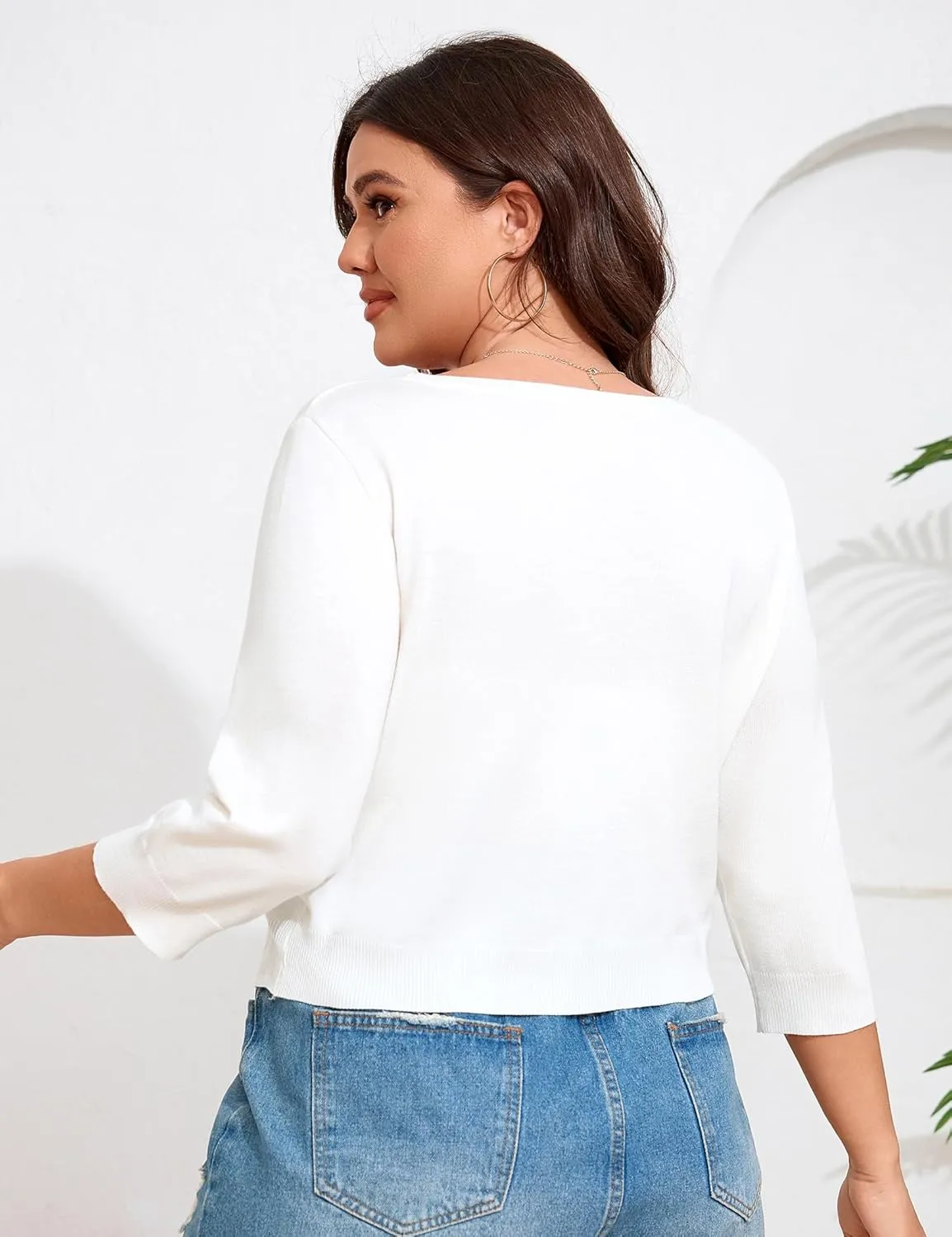 ShopWonder Women's V-Neck Tie Front Shrug 3/4 Sleeve Rib-Knit Cardigan Sweater Crop Top