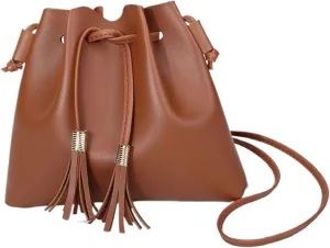 Shoulder Bag Stylish PU Leather Bucket Bag for Women - Small Handbag with Tassel - Versatile Crossbody Purse(Brown)