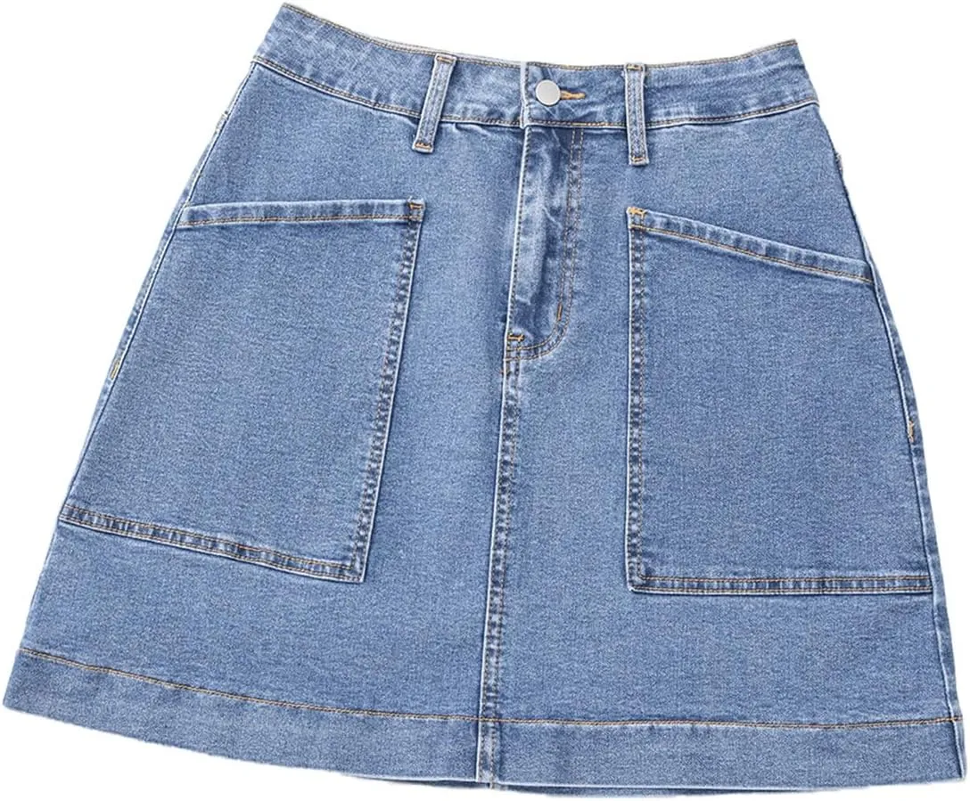 Sidefeel Women's Jean Skirt High Waisted Stretch Casual Summer Mini Skort Zimbaplatinum Denim Skirt with Pockets