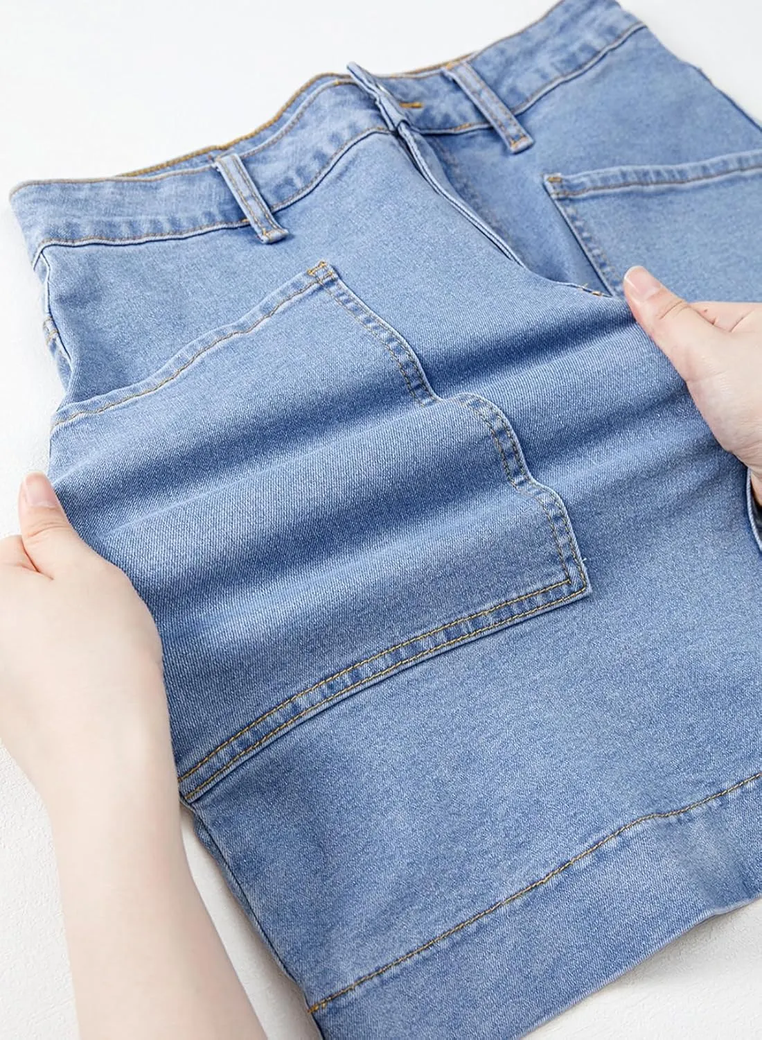 Sidefeel Women's Jean Skirt High Waisted Stretch Casual Summer Mini Skort Zimbaplatinum Denim Skirt with Pockets