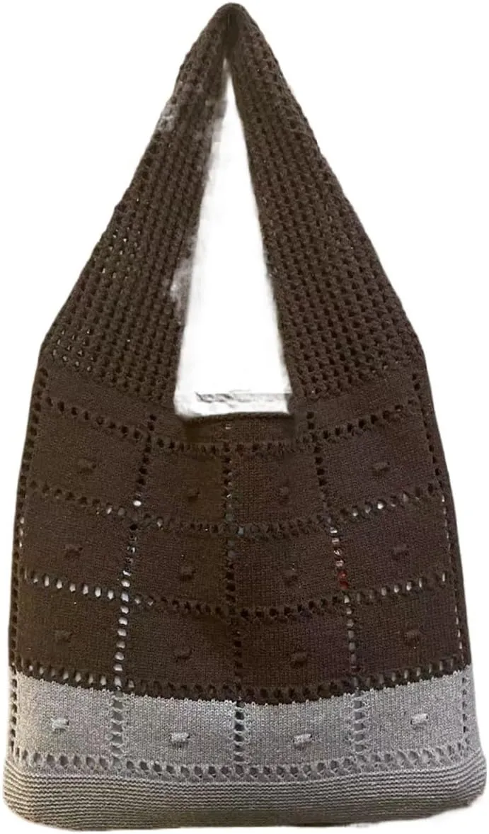 Simple and Versatile Hollow Knitted Bag for Women | Color Blocked Shoulder Bag(Brown)