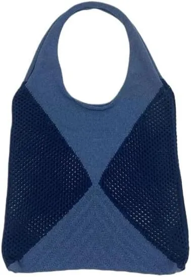Simple Knitted Bag Versatile Large Bag Women's Splicing Knitted Handheld Shoulder Bag(Blue)