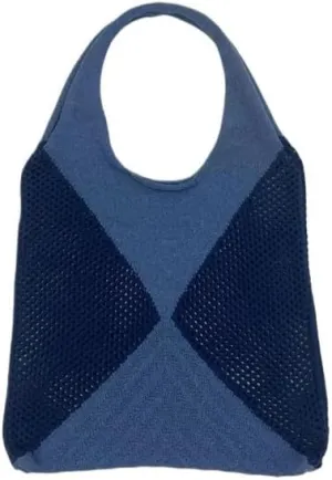 Simple Knitted Bag Versatile Large Bag Women's Splicing Knitted Handheld Shoulder Bag(Blue)