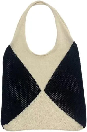 Simple Knitted Bag Versatile Large Bag Women's Splicing Knitted Handheld Shoulder Bag(White)