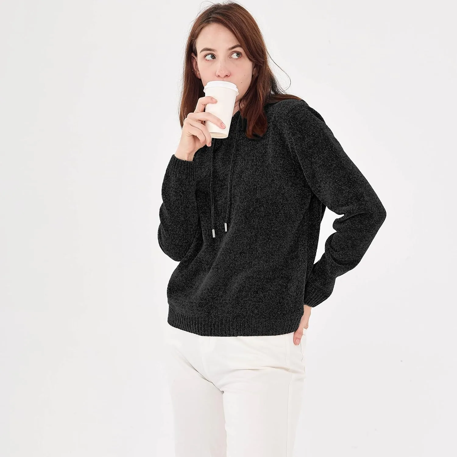 Simple&Opulence Women's Chenille Sweater Drawstring Hooded Long Sleeve Pullover Ribbed Cuff Hem Jumper Tops