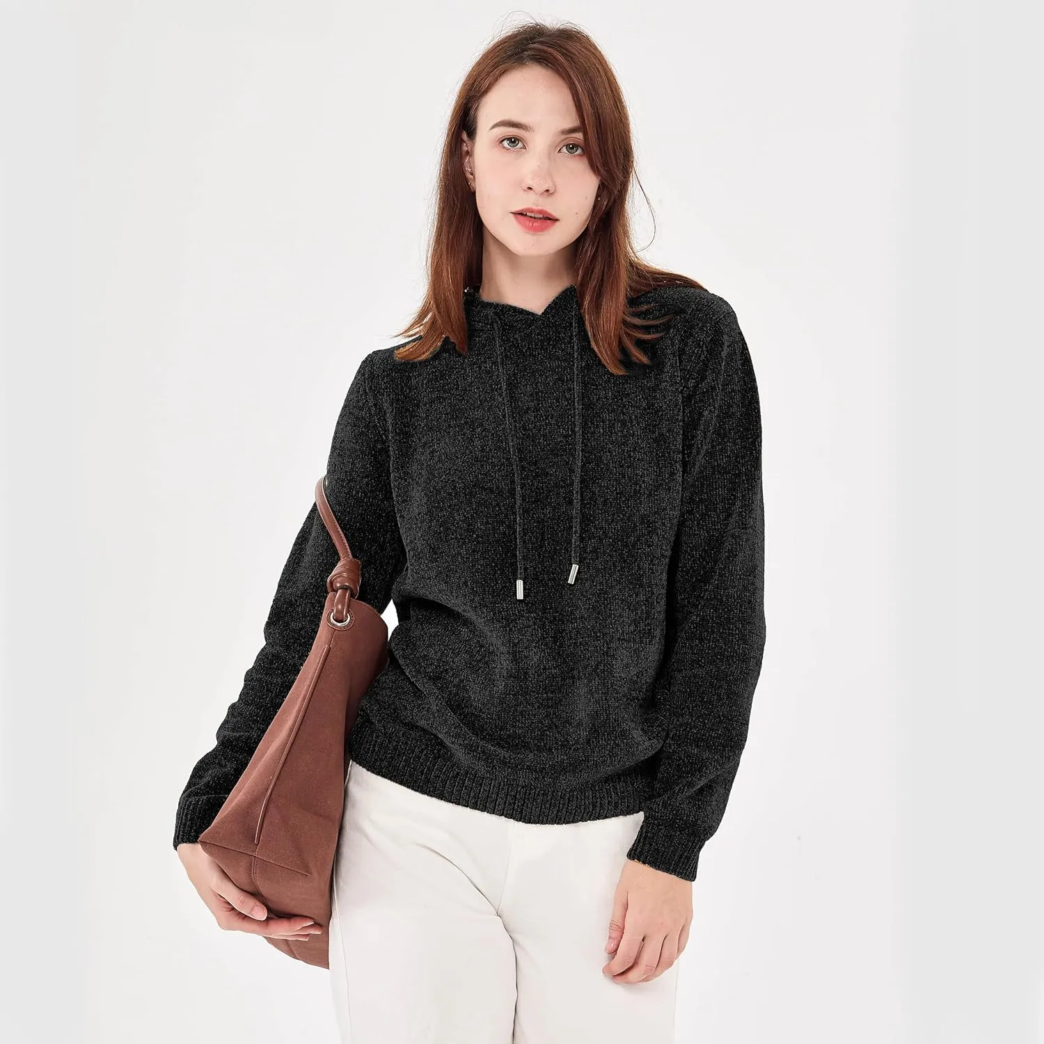 Simple&Opulence Women's Chenille Sweater Drawstring Hooded Long Sleeve Pullover Ribbed Cuff Hem Jumper Tops