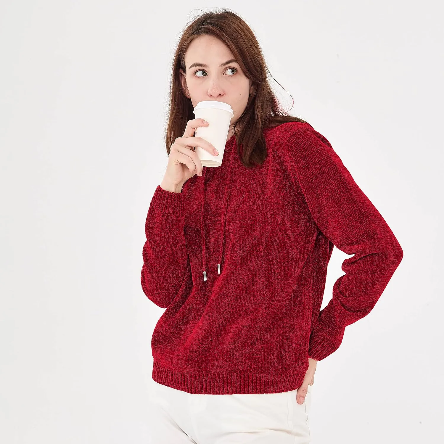 Simple&Opulence Women's Chenille Sweater Drawstring Hooded Long Sleeve Pullover Ribbed Cuff Hem Jumper Tops