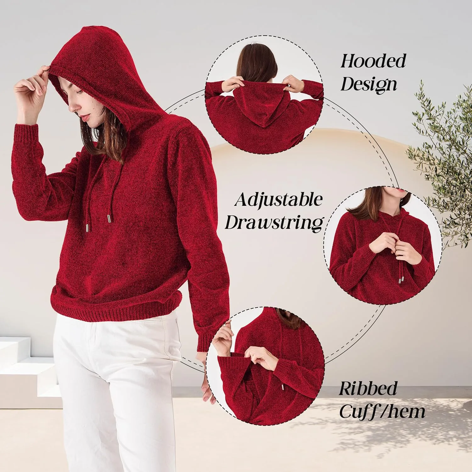 Simple&Opulence Women's Chenille Sweater Drawstring Hooded Long Sleeve Pullover Ribbed Cuff Hem Jumper Tops
