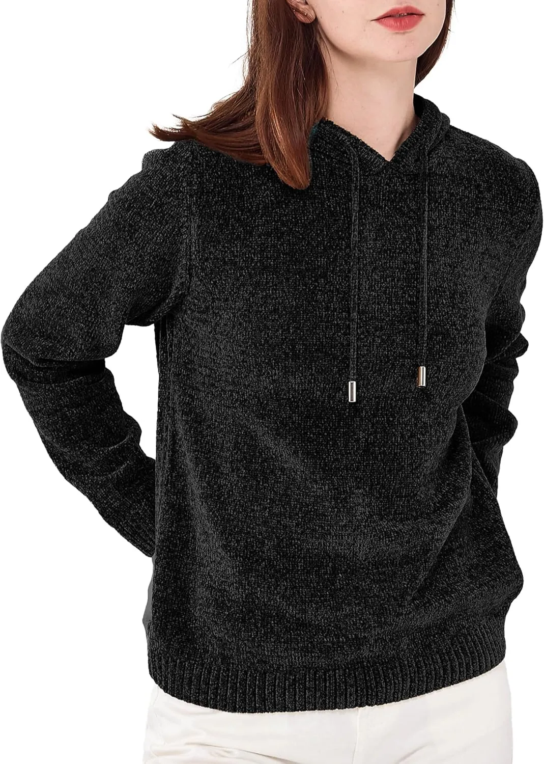 Simple&Opulence Women's Chenille Sweater Drawstring Hooded Long Sleeve Pullover Ribbed Cuff Hem Jumper Tops
