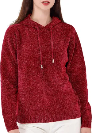 Simple&Opulence Women's Chenille Sweater Drawstring Hooded Long Sleeve Pullover Ribbed Cuff Hem Jumper Tops