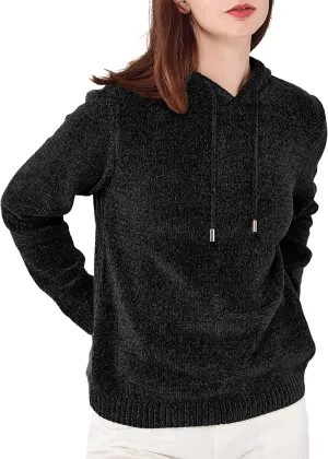Simple&Opulence Women's Chenille Sweater Drawstring Hooded Long Sleeve Pullover Ribbed Cuff Hem Jumper Tops